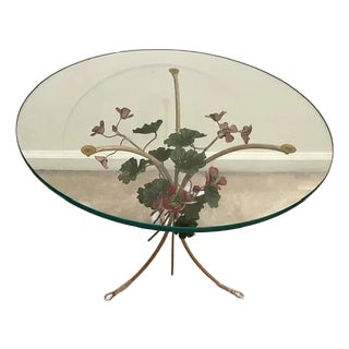 Mid Twentieth Century Italian Tole Glass Top Red and Green Geraniums Side Table For Sale