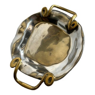 Vintage Aluminum + Brass Round Tray With Curved Handles by David Marshall Spain 1980s For Sale