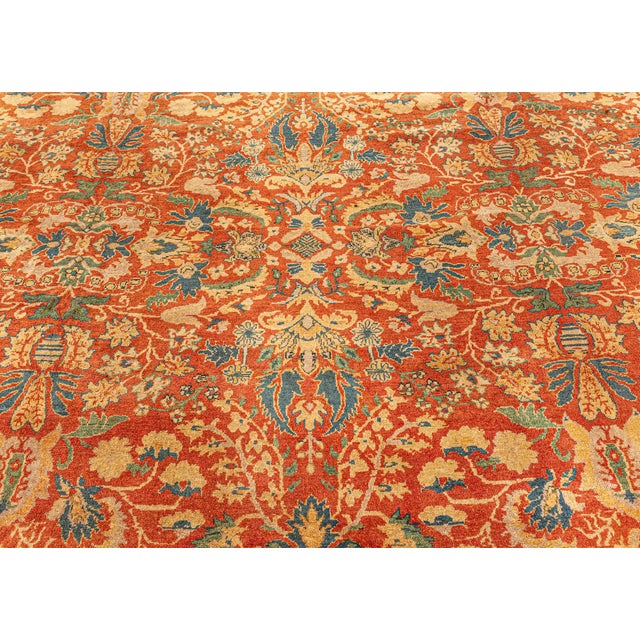 Red Authentic Indian Red, Blue Botanic Handmade Wool Rug For Sale - Image 8 of 8