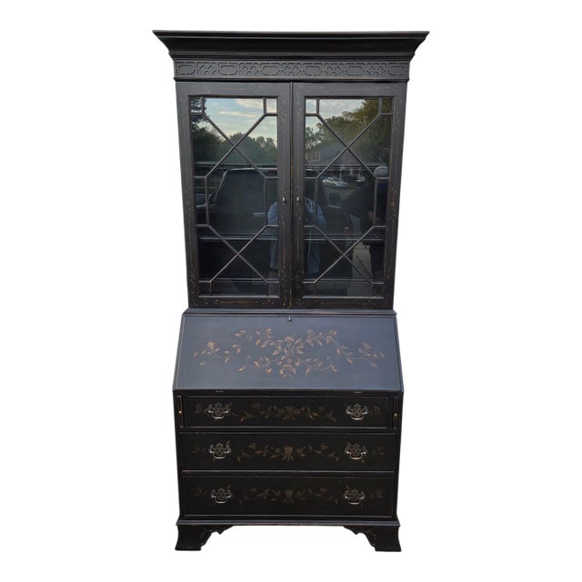 1990s Ethan Allen Newport Liliana Secretary Writing Desk Hutch Display Chinoiserie For Sale