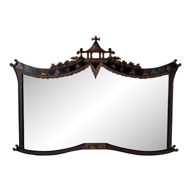 Vintage Palm Beach Chinoiserie Pagoda Overmantel Wall Mirror With Gilt & Black Lacquer Frame Description For Sale