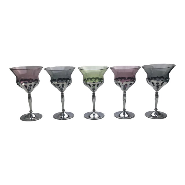 Vintage Multicolored Chrome Scrollwork Wine Glasses- Set of 5 For Sale