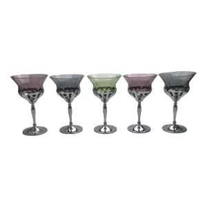Vintage Multicolored Chrome Scrollwork Wine Glasses- Set of 5