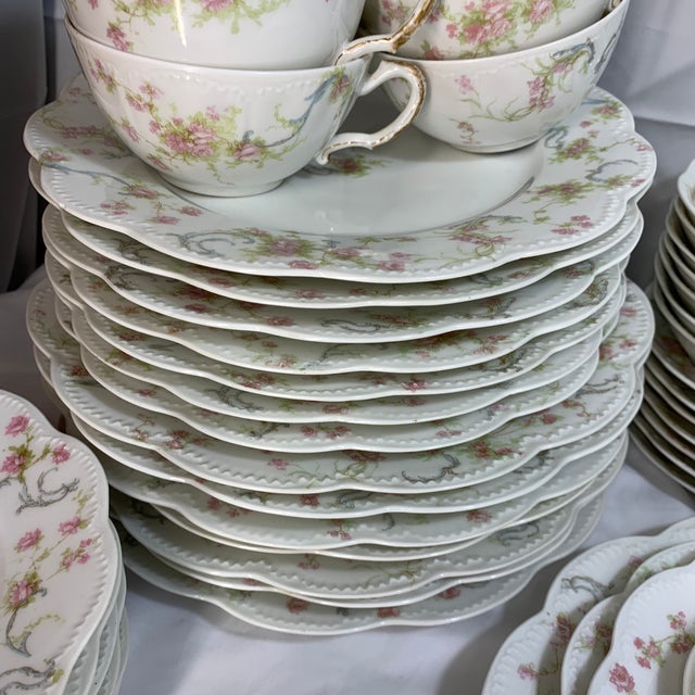 Ceramic Antique French Haviland Limoges “Princess” Pink Flowers Blue Ribbons Dinnerware Set With Tea Cups - Service for 8 - 48 Pieces For Sale - Image 7 of 12