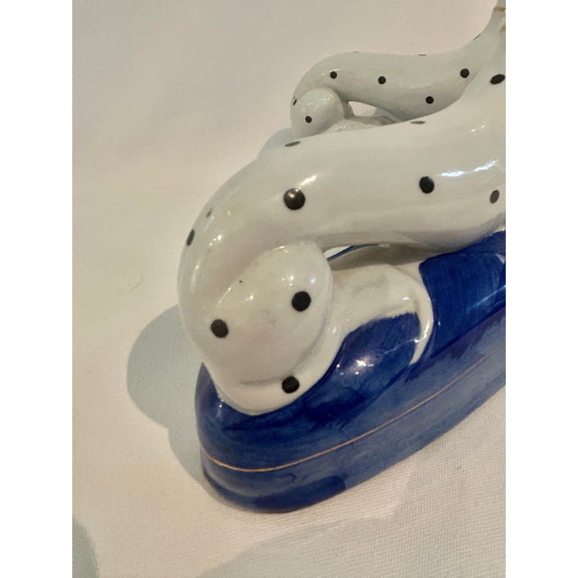 1970s Vintage Staffordshire Style Dalmatian Dog Ceramic Bookends on Cobalt Blue Bases – A Pair For Sale - Image 5 of 9
