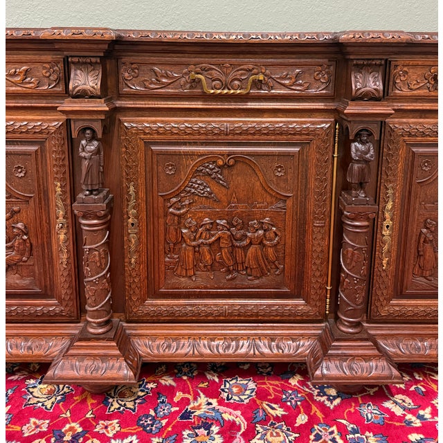 Antique French Breton Large Carved Sideboard Server Entry Buffet Oak c.1900-20s For Sale - Image 9 of 18