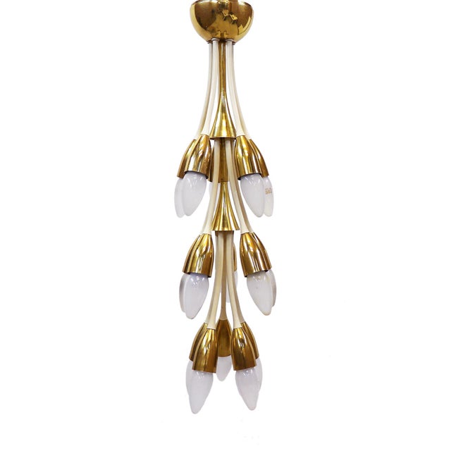 German Brass and Enamel 12-Light Chandelier, 1950s For Sale - Image 6 of 10