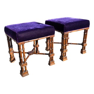 Pair of English Aesthetic Movement Walnut X-Frame Stools With Turned Legs and Purple Velvet Upholstery, Late 19th Century For Sale