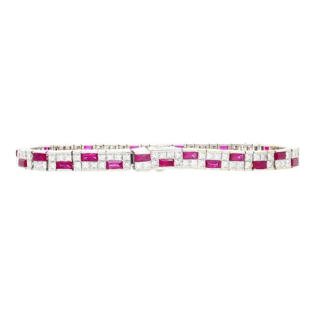 12 Carat Channel Set Art Deco Style Ruby & Diamond Bracelet in 18k White Gold For Sale