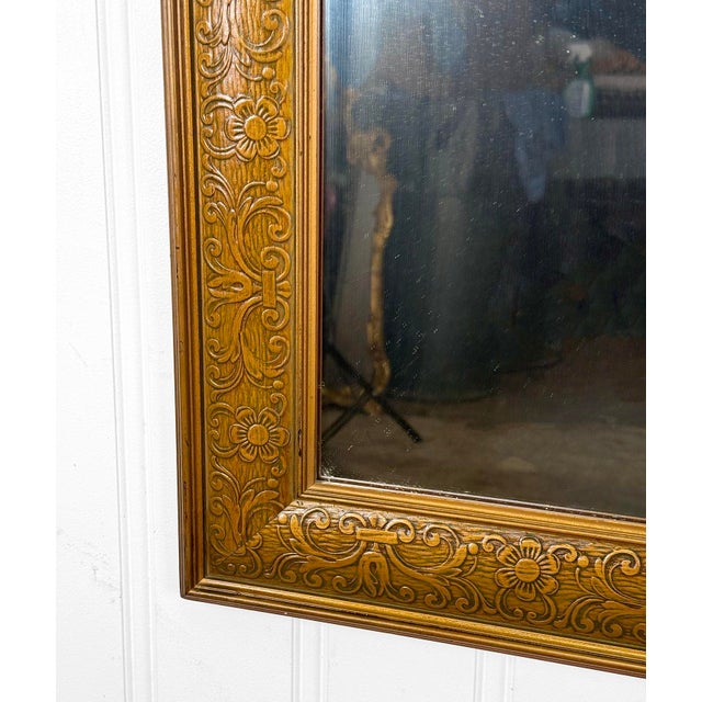 Wood Antique Traditional Oak Floral Embossed Frame Wall Mirror - 26x32 For Sale - Image 7 of 9