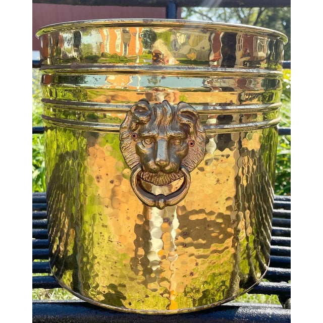 Mid 20th Century Large Vintage Single Seam Hammered Brass Planter With Lion Heads For Sale - Image 5 of 10