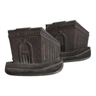 Antique Central Bank of Albany Advertising, Miniature Building Bookends, Architectural For Sale