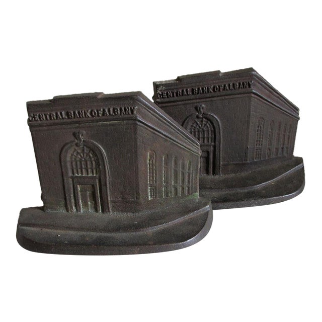 Antique Central Bank of Albany Advertising, Miniature Building Bookends, Architectural For Sale