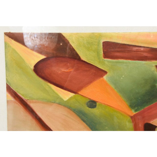 Vintage Cubist Style Abstract Acrylic Painting Custom Museum Framed 1960's Greens, Charcoal, Orange, Rust, Black Yellow For Sale In Miami - Image 6 of 10