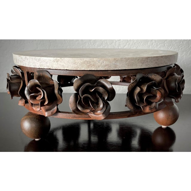 Rustic European Late 20th-Century Hand-Forged Iron Rose & Travertine Circular Dessert Stand in the Manner of Jan Barboglio For Sale - Image 3 of 18