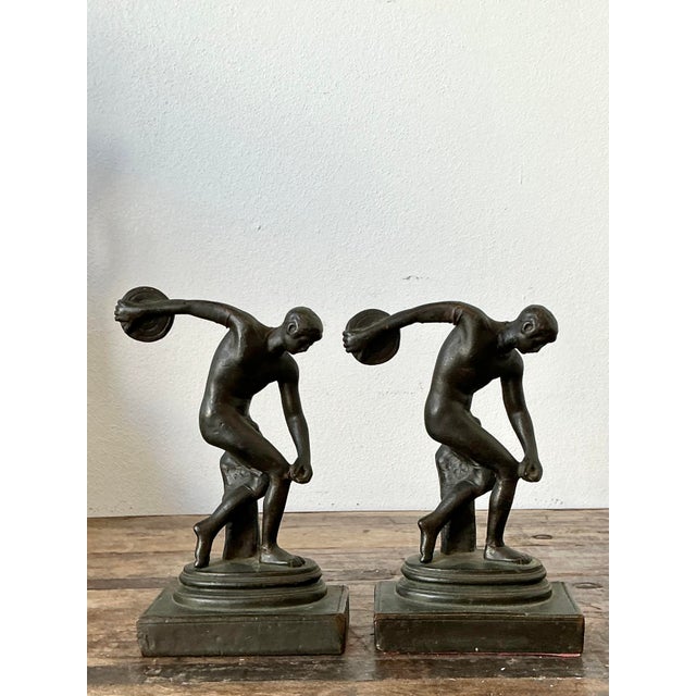 Vintage Patinated Cast Brass Disc Thrower Bookends - A Pair For Sale - Image 9 of 12
