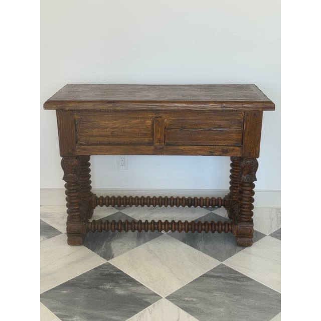 Beautiful Jason Scott console table handcrafted from reclaimed teak with intricate hand carved detailing 2 drawers...