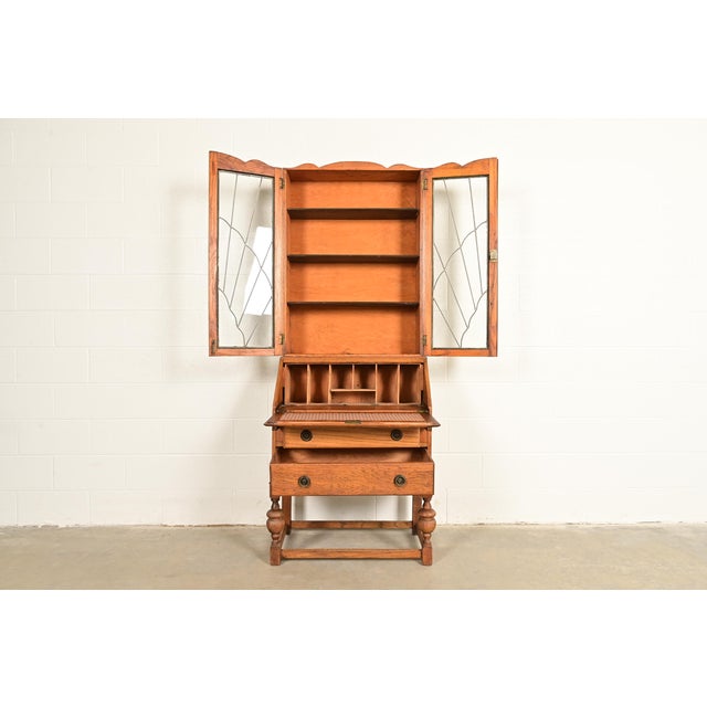 1920s Antique English Art Deco Carved Oak Drop Front Secretary Desk With Leaded Glass Bookcase Hutch For Sale - Image 5 of 17