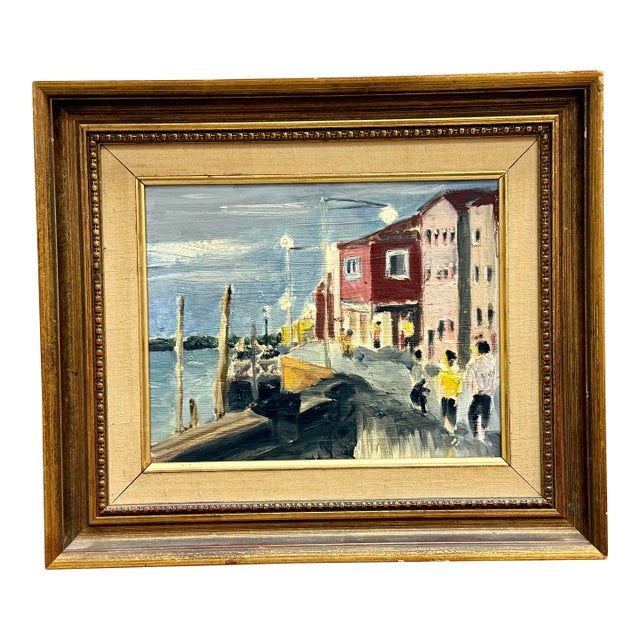 Vintage Midcentury Harbor Scene Oil on Canvas For Sale