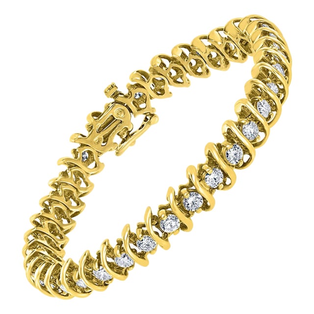 38 Round Diamond S Design Tennis Bracelet in 14 Karat Yellow Gold 5.7 Carat, 7" For Sale