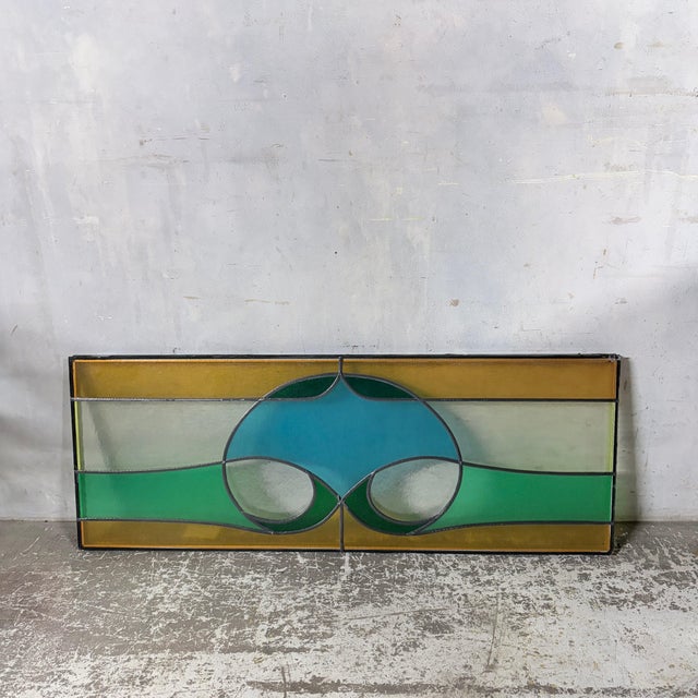 Vintage Geometric Stained Leaded Glass Window Panel For Sale - Image 11 of 12