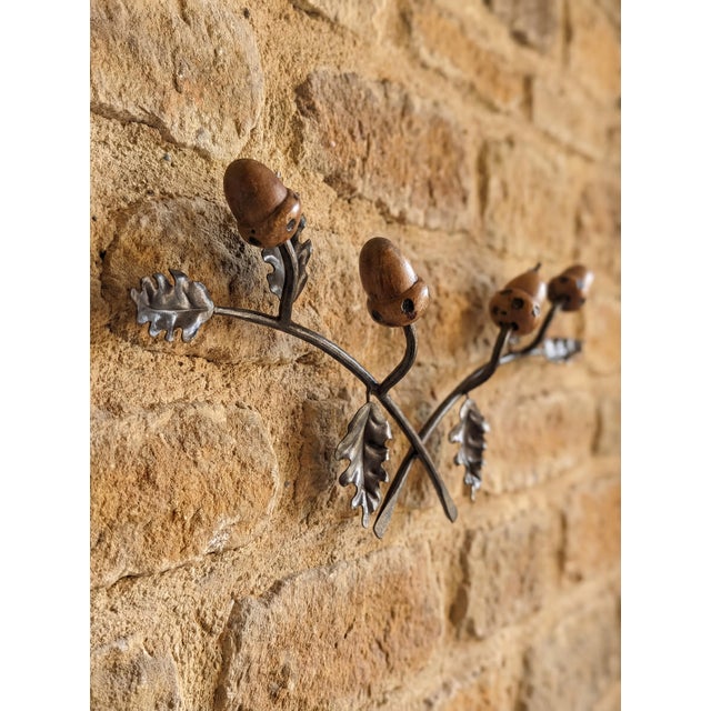 Vintage Wrought Iron and Wooden Acorns Coat Rack, 1960s For Sale - Image 4 of 12