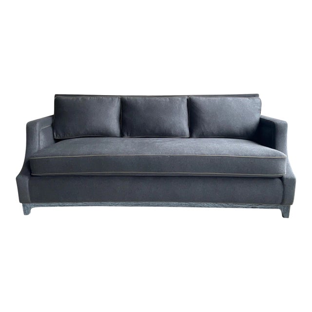 Gray & Olive Green Alpaca Wool Slope Arm Sofa With Charcoal Cerused Oak Wood Base For Sale