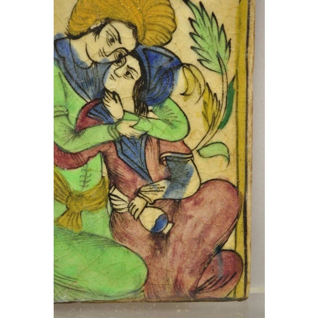 Persian Antique Persian Iznik Qajar Style Green Ceramic Pottery Tile Loving Couple C5 For Sale - Image 3 of 9