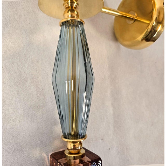 Purple 1990s Pair of Blue and Purple, Mid-Century Modern, Murano Glass Sconces For Sale - Image 8 of 10