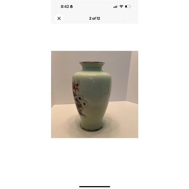 Metal Ando Jubei Signed Japanese Cloisonné Celadon Green Vase Chrysanthemums Antique For Sale - Image 7 of 10