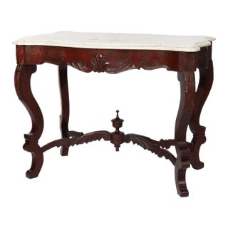 Antique Carved Walnut Marble Turtle Top Table C1890 For Sale