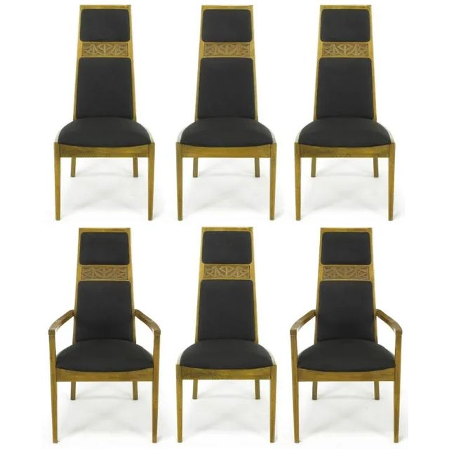 Set of six light ash wood dining chairs with striped dark brown silk blend upholstery by Kroehler. Set includes two...