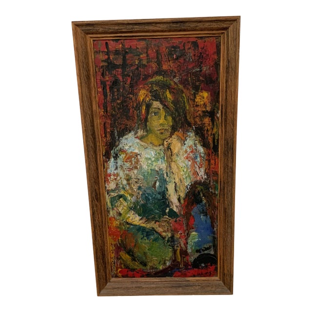 Contemporary Abstract Figurative Female Portrait Oil Painting Attributed to Roland Ladwig, Framed For Sale