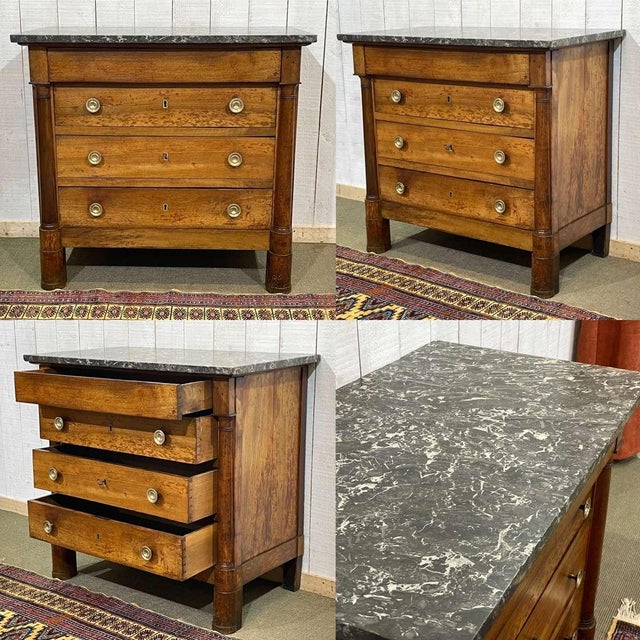 19th-century Empire-style walnut chest of drawers with a grey St. Anne marble top - W=98cm D=55.5cm H=90.5cm