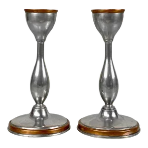 Antique Traditional Pewter & Copper Candlestick Holders - a Pair