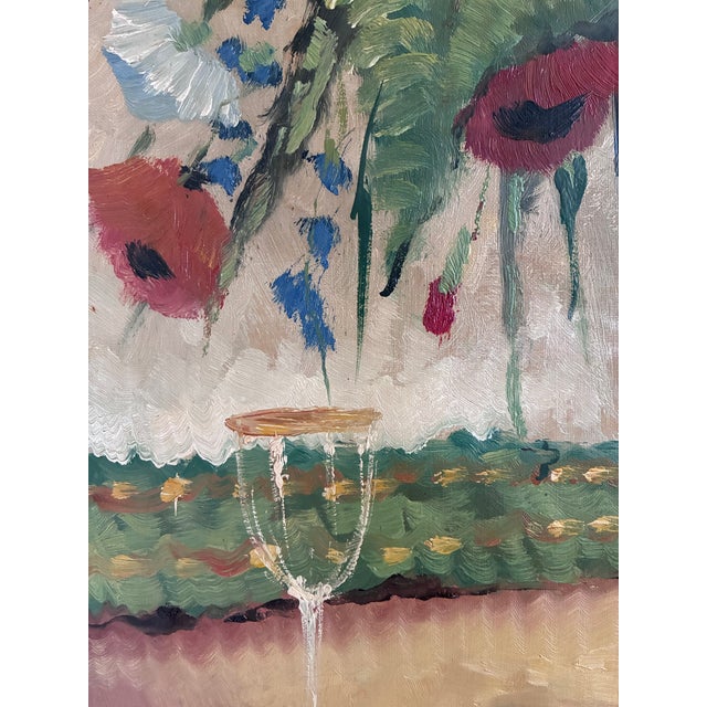 Vintage Original Floral Oil Painting With Wildflowers in Blue Vase For Sale - Image 12 of 14
