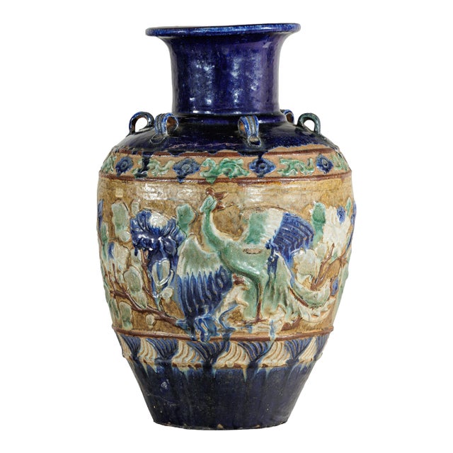 Antique Annamese Water Jar with Phoenix and Floral Relief Decoration For Sale
