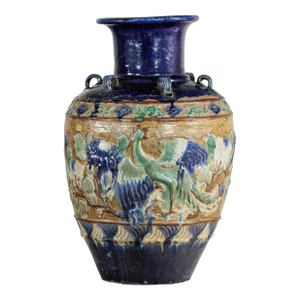 Antique Annamese Water Jar with Phoenix and Floral Relief Decoration