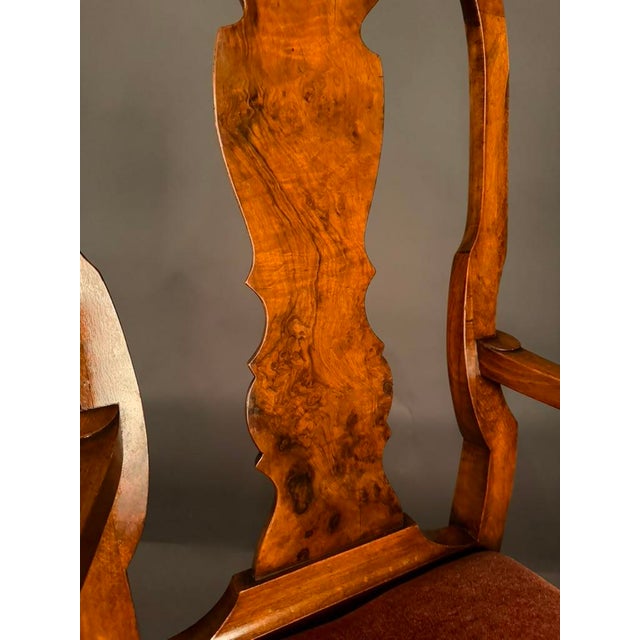 Set of 8 English Queen Anne Style Dining Chairs, Burl Walnut & Beechwood, 2 Armchairs and 6 Side Chairs, Circa 1890 For Sale - Image 10 of 13