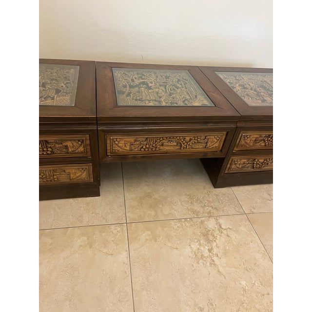 Chinoiserie Vintage South East Asian Hand-Carved Five-Drawer Coffee Table With 3 Piece Glass Top Insets For Sale - Image 3 of 12