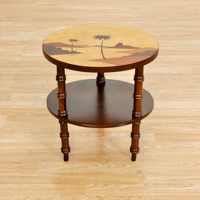1950s Brazilian Tiki Side Table Inlaid Marquetry Beach Scene For Sale - Image 4 of 9