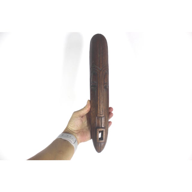 Brown Mid Century Carved Wood Face Mask Signed by Artist For Sale - Image 8 of 17