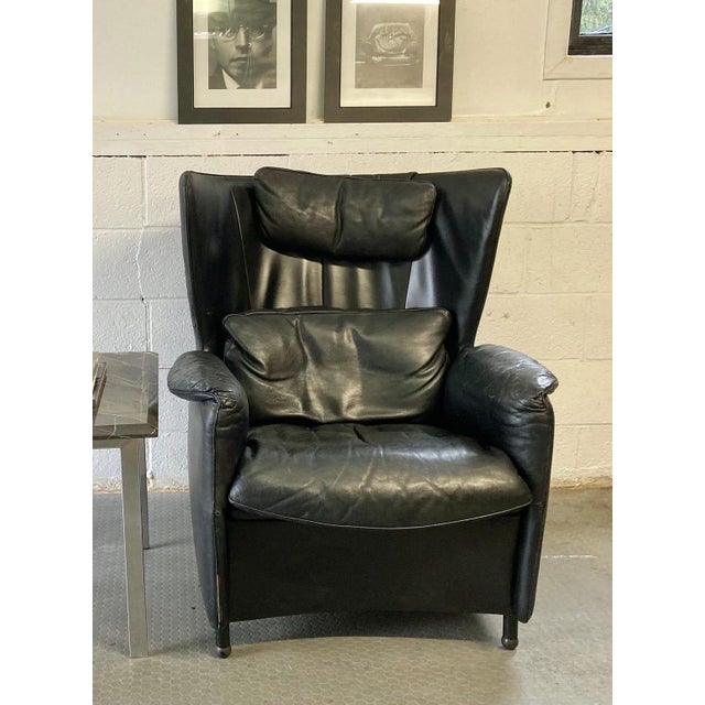 Mid-Century Modern Vintage Postmodern Black Leather Lounge Chair by Franz Schulte | Vintage Modern Leather Chair | Detachable Headrest & Pillow For Sale - Image 3 of 9