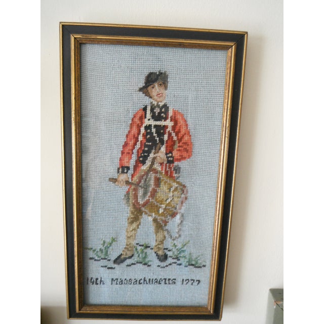 Beautiful c.1950's needlepoint depicting the 14th Massachusetts Army Drummer in 1777. Meticulous workmanship highlights...
