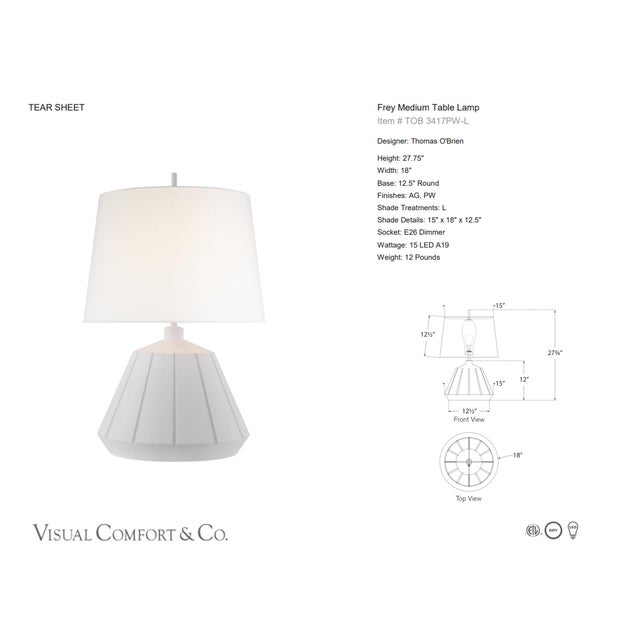 Thomas O'Brien by Visual Comfort Signature Frey Medium Table Lamp in Plaster White with Linen Shade Designer: Thomas...