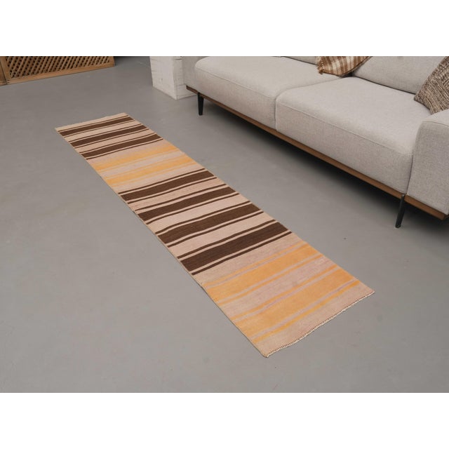 1970s Vintage Handmade Wool Cotton Brown Runner Rug For Sale - Image 10 of 11