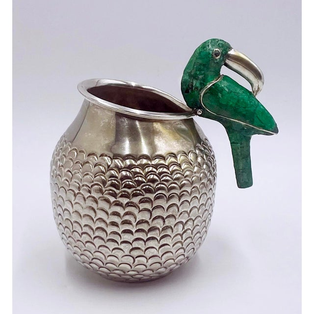1960s Los Fajardo Taxco Toucan Pitcher Malachite Silver Plate For Sale In Los Angeles - Image 6 of 18
