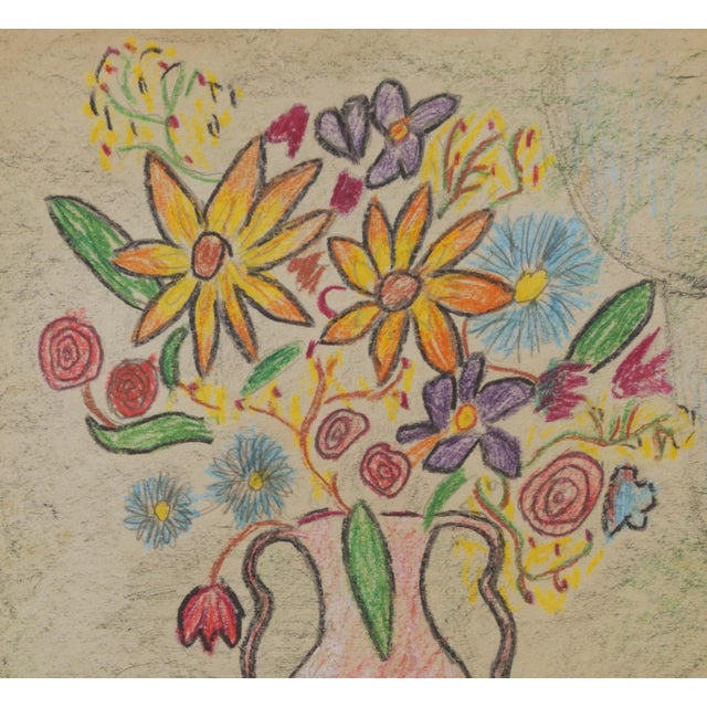 1940s Scandinavian Folk Art Outsider Naive Drawing, Floral Still Life in Vase For Sale In San Diego - Image 6 of 6