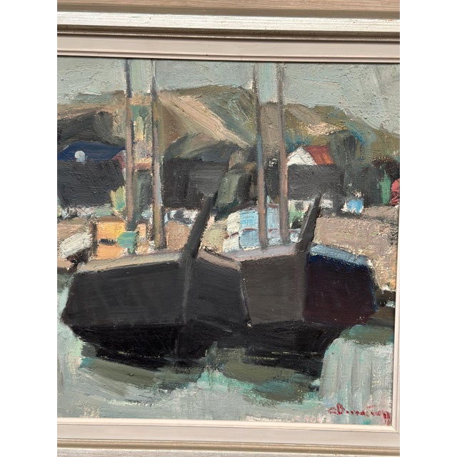 Mid-Century Modern Carl Berndtsson, Fishing Boats in the Harbour, 1950s, Oil on Canvas, Framed For Sale - Image 3 of 11