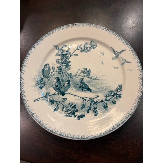 1900 - 1909 Circa 1880's French Sarreguemines Printemps Teal Bird Transferware Wall Plate For Sale - Image 5 of 6